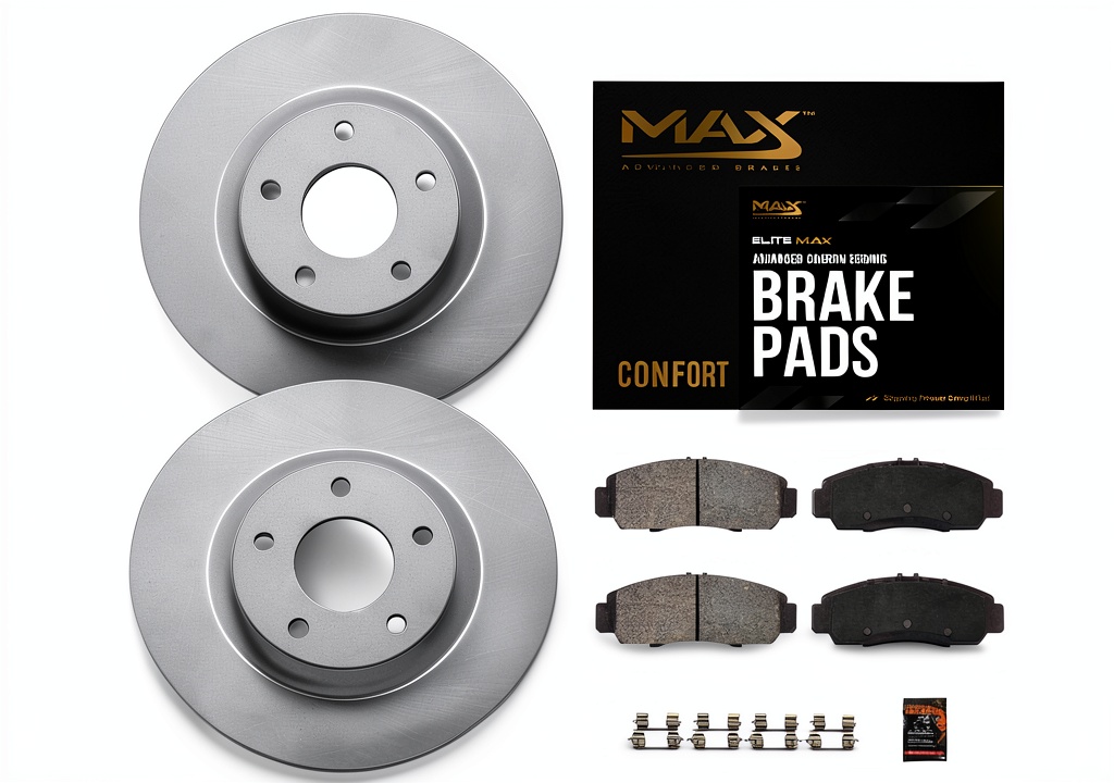 Front brake kit components laid out on a garage workbench